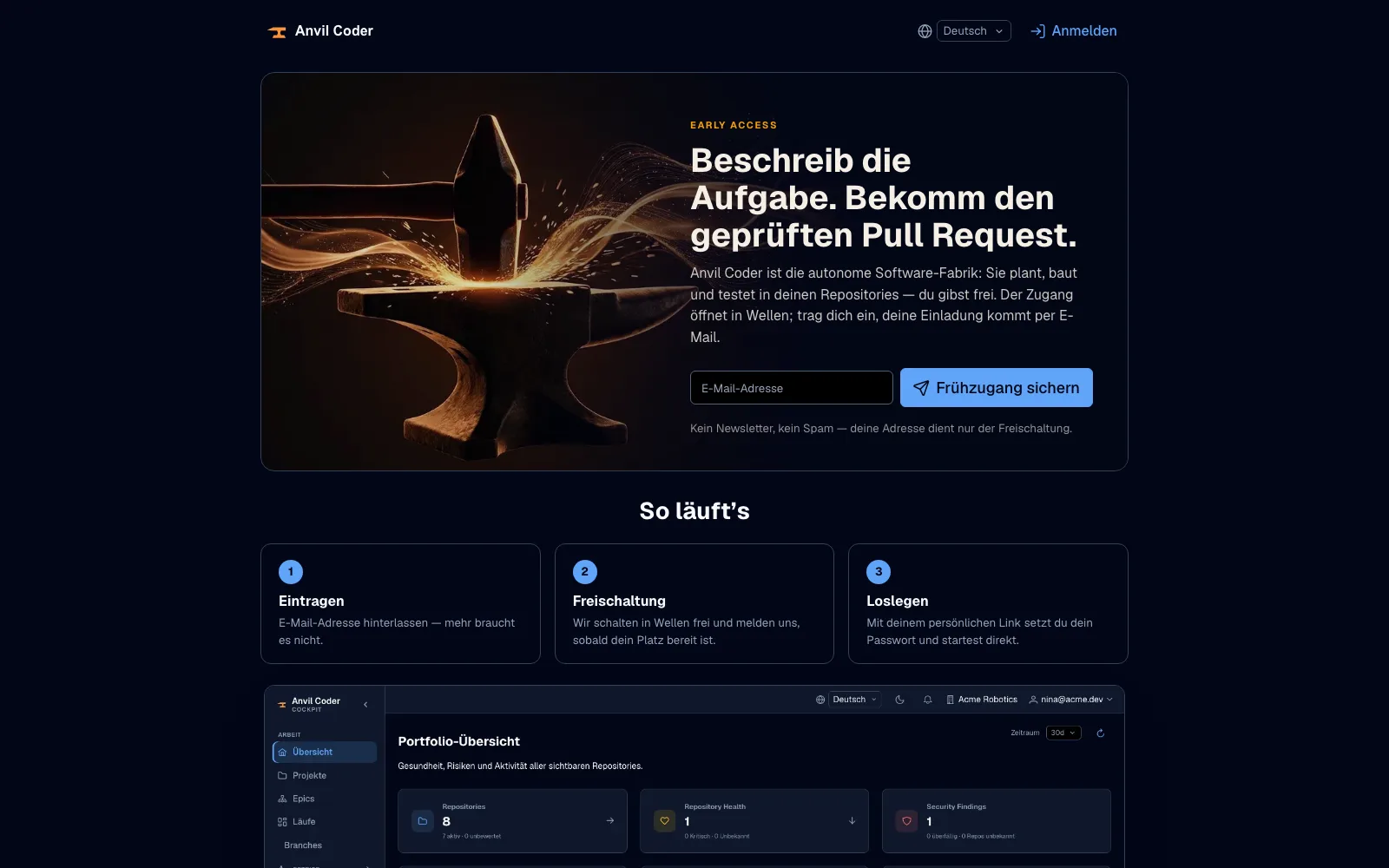 Die Registrierungsseite mit dem Warteliste-Formular