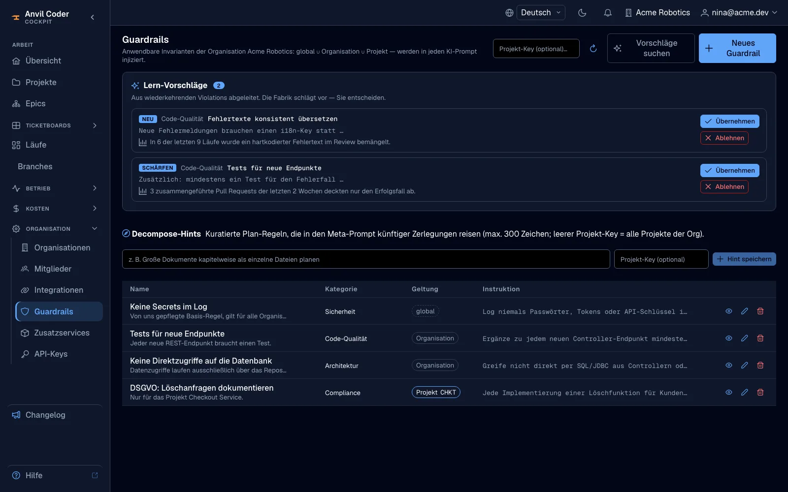 Die Vorschlags-Inbox mit einem neuen und einem zu schärfenden Guardrail