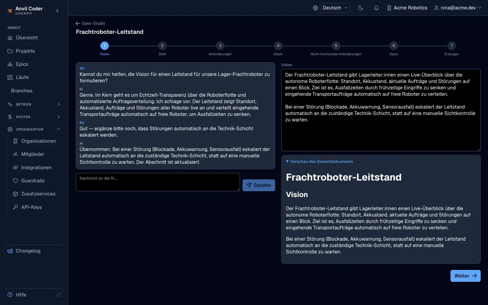 Der Vision-Abschnitt mit KI-Chat, gefülltem Textfeld und aufgeklappter Vorschau des Gesamtdokuments