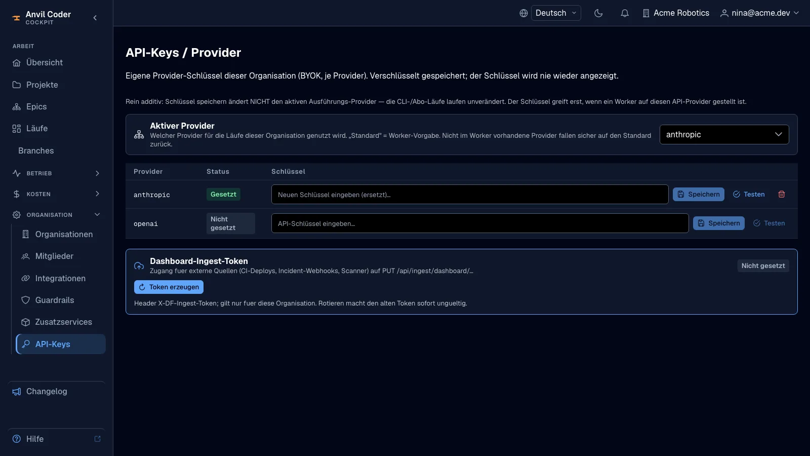 Die API-Keys-Seite mit Provider-Schlüsseln